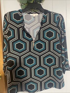 NY Collection Teal and Black Geometric Zip-Front Tunic Top